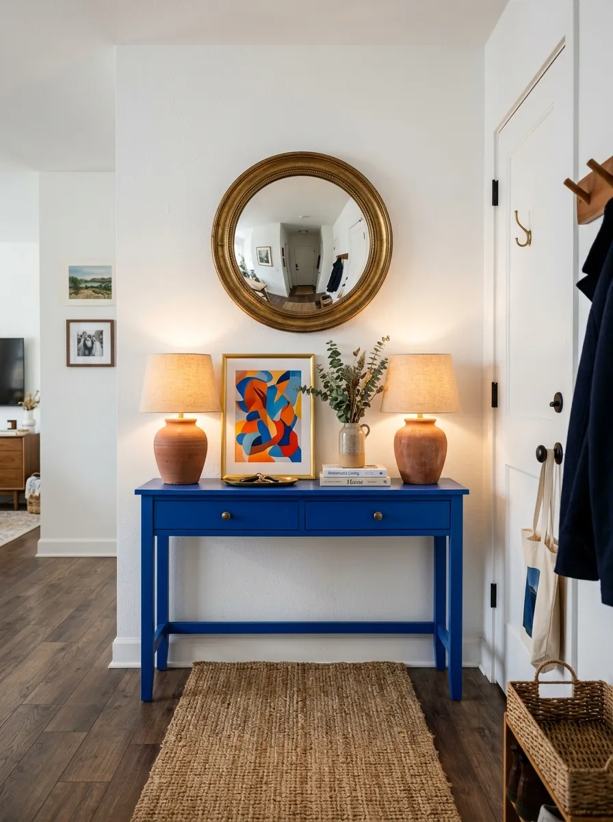 22 Colorful Apartment Decorating Ideas That Make Every Room Feel Bold, Stylish, and Cohesive 16 Cobalt blue console table with gold mirror and terracotta lamps creating a bold colorful apartment entryway