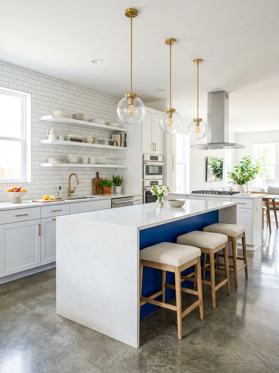 White kitchen with a bold cobalt blue island, gold pendant lights, and cream bar stools in a bright open plan space
