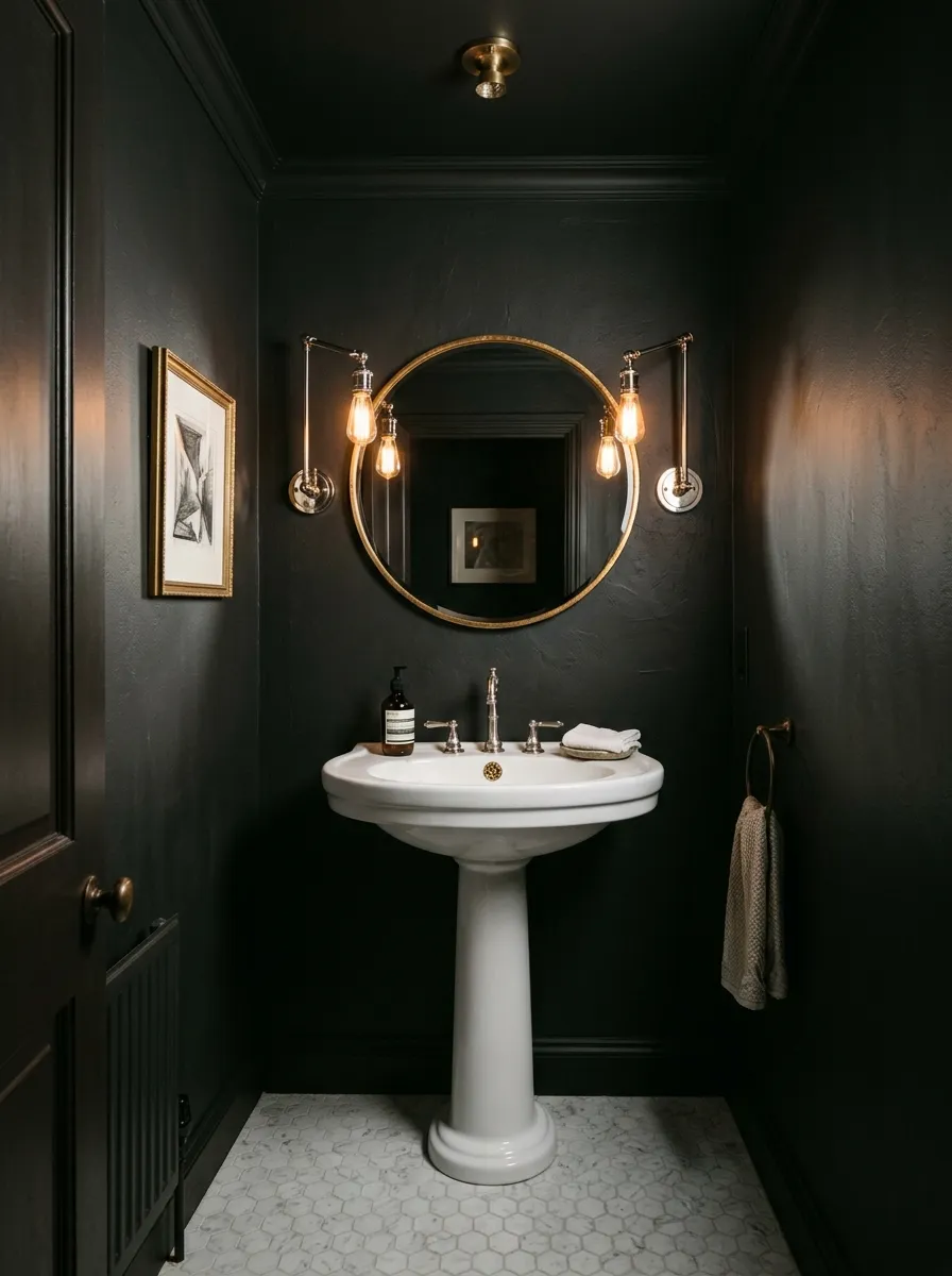 16 Half Bathroom Ideas That Maximize Style, Function, and Impact in a Small Space 6 Dramatic half bathroom with deep charcoal walls, gold round mirror, white pedestal sink, and warm ambient sconce lighting