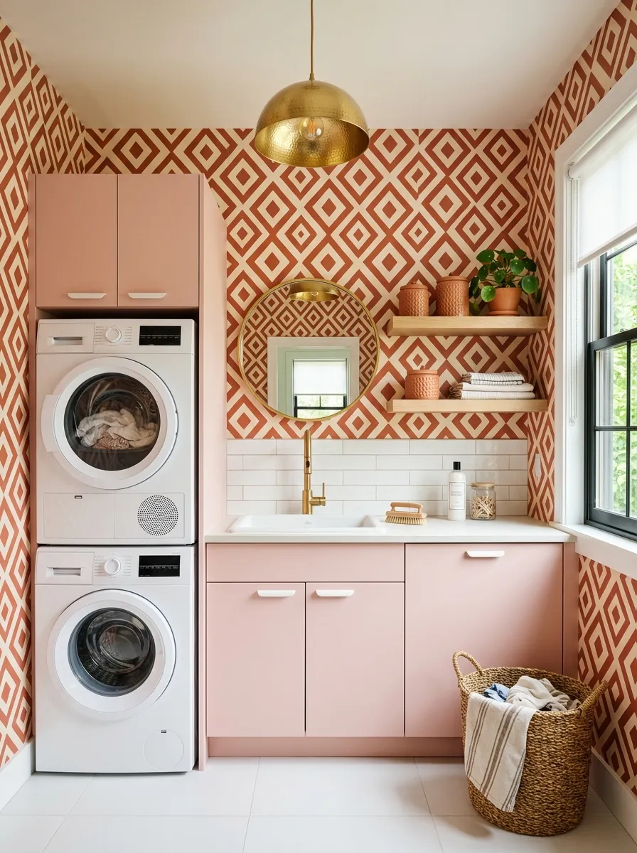 Playful laundry room with bold terracotta diamond geometric laundry space wallpaper, pink matte cabinetry, gold hardware, and circular mirror