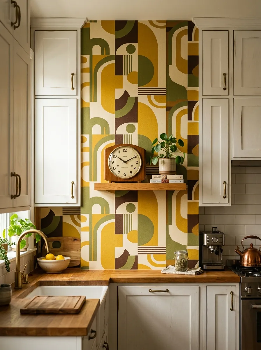 Mustard and olive geometric wallpaper on a kitchen accent wall between white cabinets with a vintage clock shelf