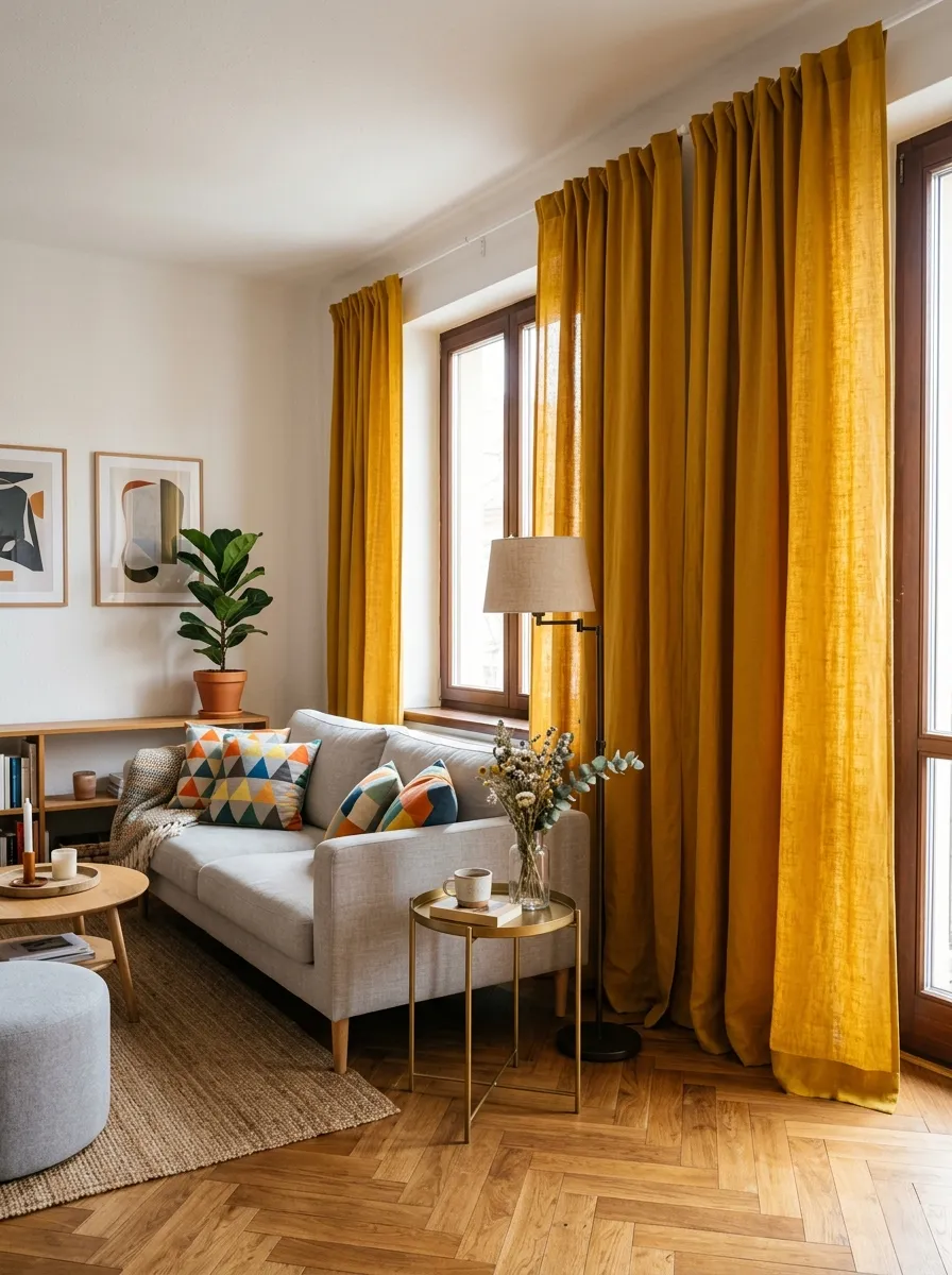 22 Colorful Apartment Decorating Ideas That Make Every Room Feel Bold, Stylish, and Cohesive 4 Floor to ceiling mustard yellow curtains in colorful apartment decorating with grey sofa and geometric pillows