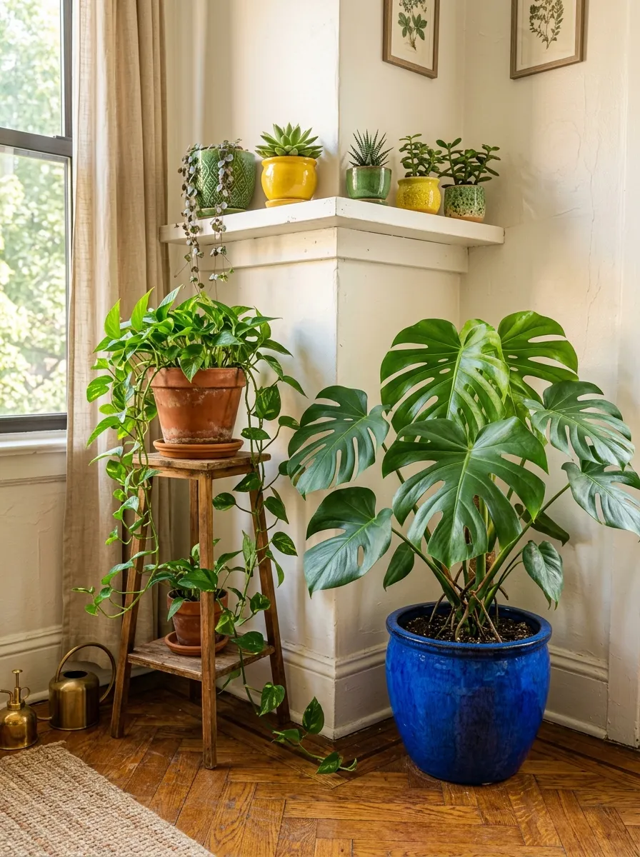 22 Colorful Apartment Decorating Ideas That Make Every Room Feel Bold, Stylish, and Cohesive 10 Plant corner with cobalt blue, terracotta, and yellow ceramic pots adding colorful apartment decor through foliage
