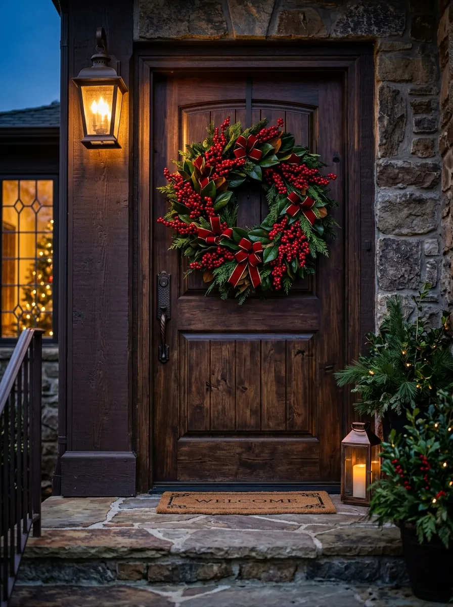 21 Christmas Wreath Ideas That Make Your Front Door the Most Beautiful on the Street 11 A bold red berry Christmas wreath with winterberry clusters and glossy magnolia leaves on a dark walnut front door