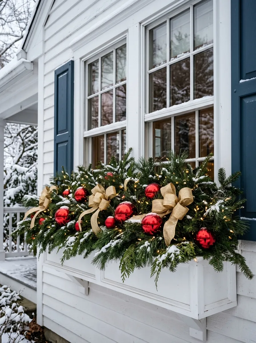18 Winter Window Box Ideas That Bring Magical Seasonal Charm to Your Home Exterior 7 Traditional holiday window box with red ornaments, gold ribbon, and pine branches on a white colonial home exterior