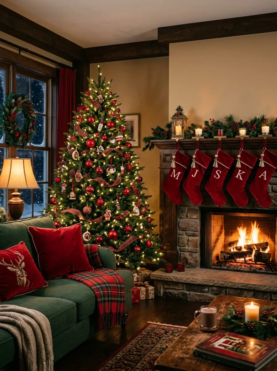 Bold red and green Christmas living room with plaid ribbon tree, velvet stockings, and green linen sofa for traditional holiday decor