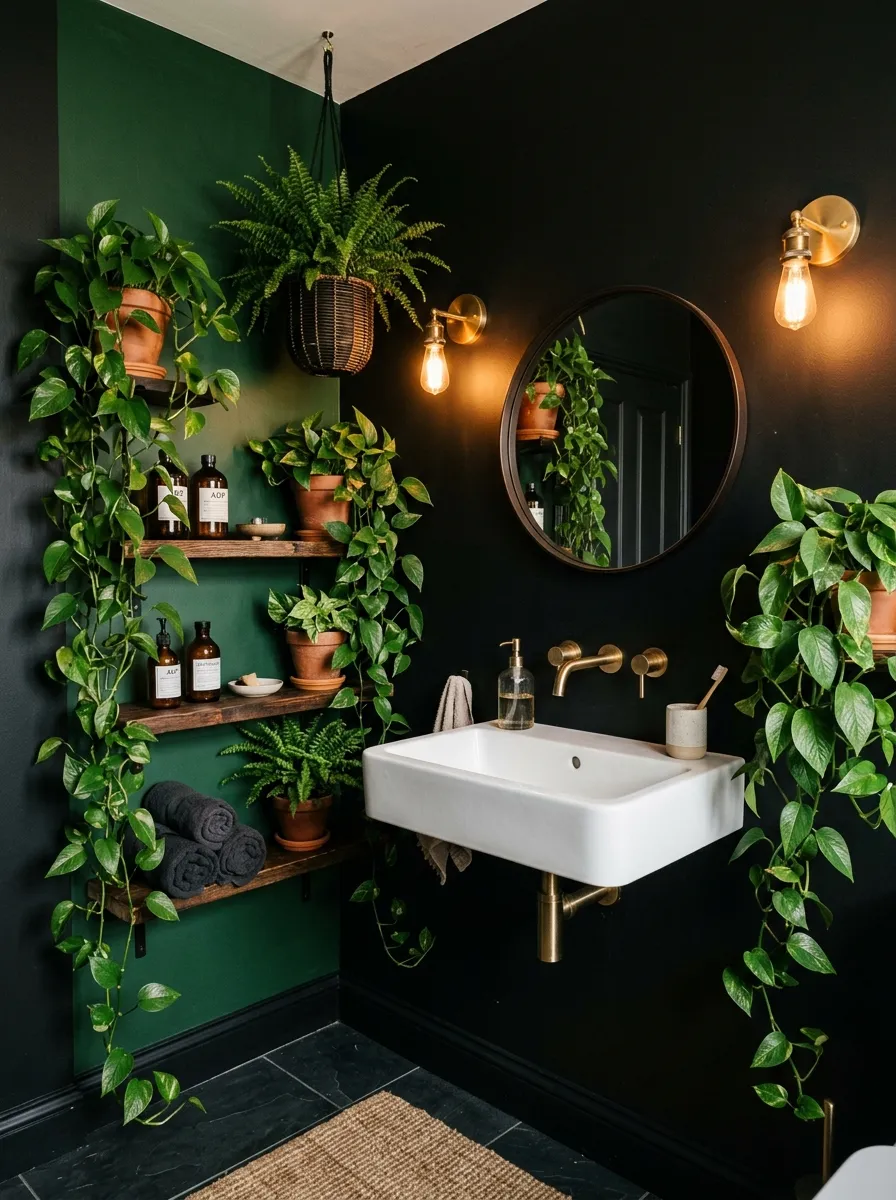 22 Dark Moody Bathroom Ideas for a Bold, Dramatic, and Surprisingly Cozy Modern Space 8 Trailing pothos and ferns in terracotta pots filling a dark moody bathroom corner with brass sconces and warm light.