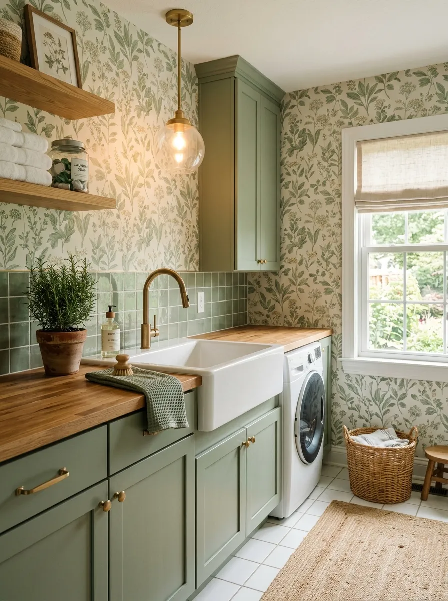 Cheerful laundry room with medium scale botanical laundry room wallpaper, sage green shaker cabinetry, brass hardware, and small green tile