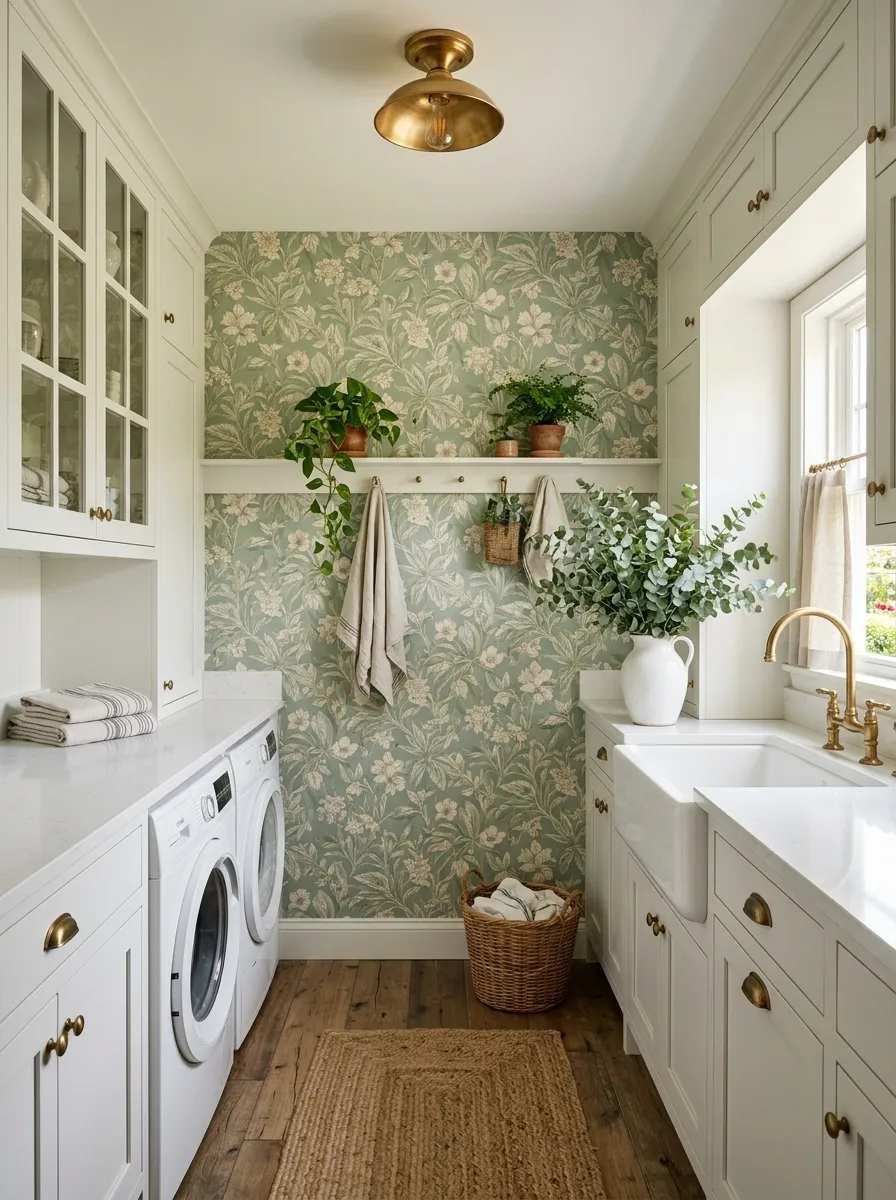 Sage green botanical floral wallpaper feature wall with white cabinetry and brass hardware in a bright farmhouse style laundry room