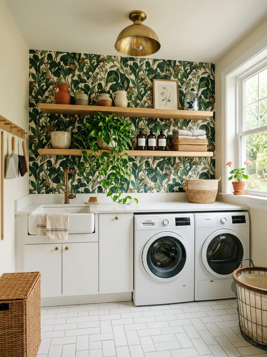 18 Green Laundry Room Ideas That Prove This Color Is More Than Just a Passing Design Trend 8 Botanical green wallpaper laundry room with cream background print, white flat front cabinets, oak floating shelves, and brass pendant light