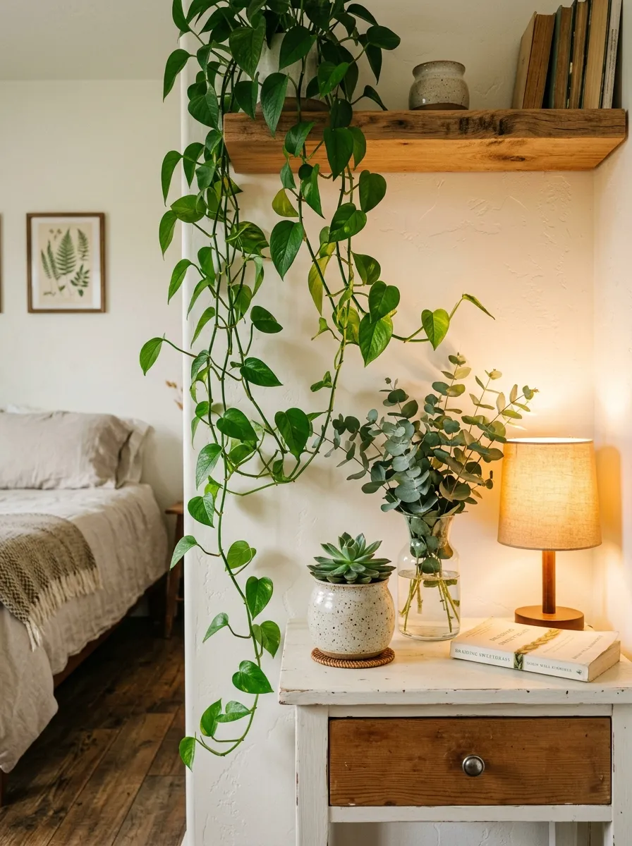 Trailing pothos plant on a high shelf above a nightstand with succulents and eucalyptus in a warm farmhouse bedroom corner
