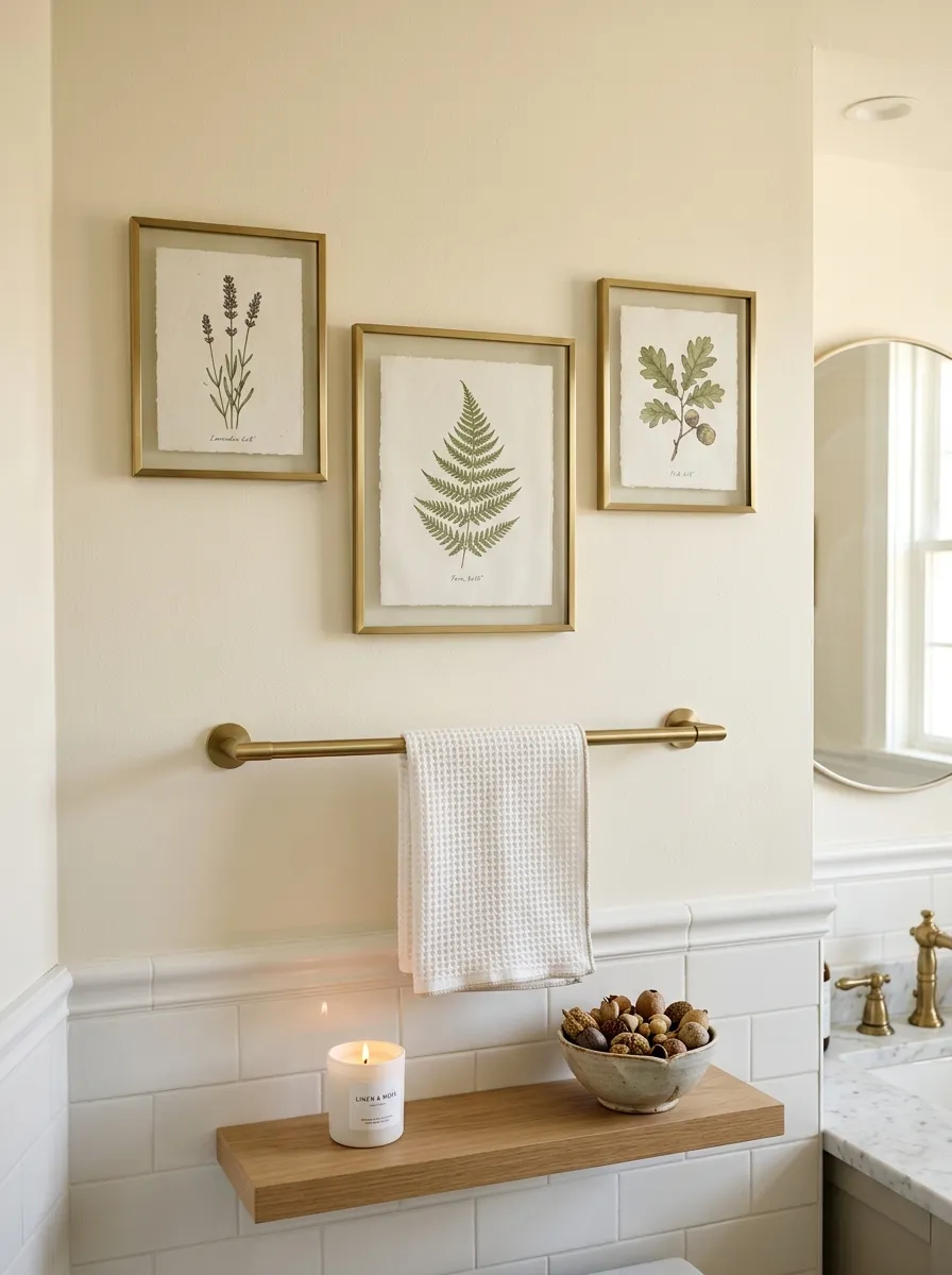 Three framed botanical prints in brass frames arranged above a towel bar on a cream guest bathroom wall