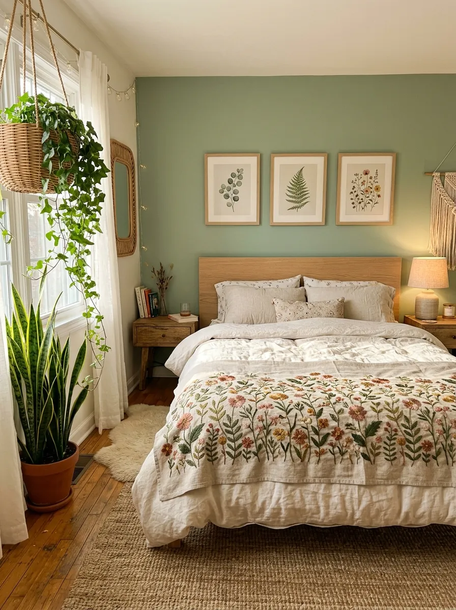 23 Curated Boho Bedroom Ideas for a Cozy, Inviting, and Effortlessly Stylish Retreat 17 Three framed botanical prints on sage green wall with a floral throw and trailing ivy in a Boho bedroom