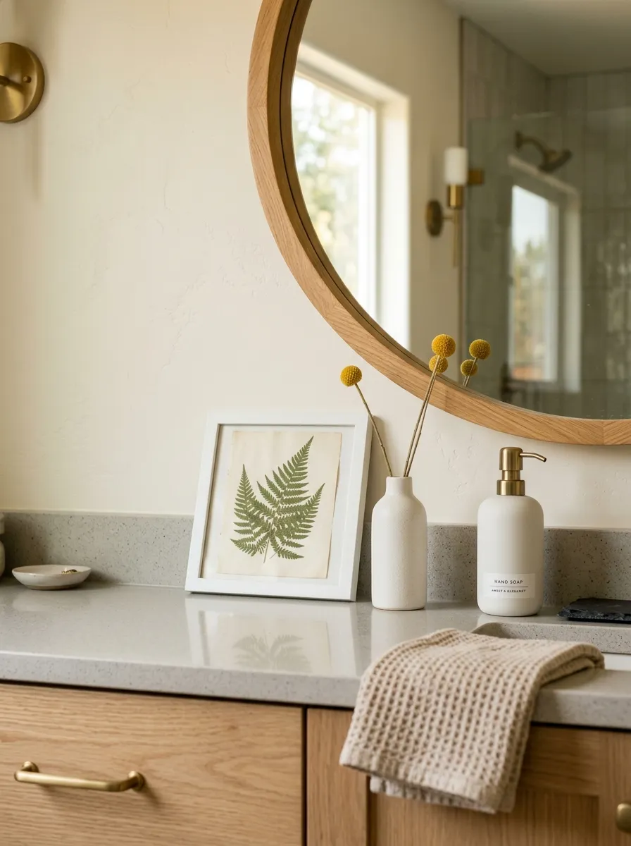 17 Bathroom Counter Styling Ideas for an Instant Aesthetic Glow Up That Looks Expensive 14 Bathroom countertop decor with framed botanical print leaning on mirror, craspedia stems vase, and white ceramic pump