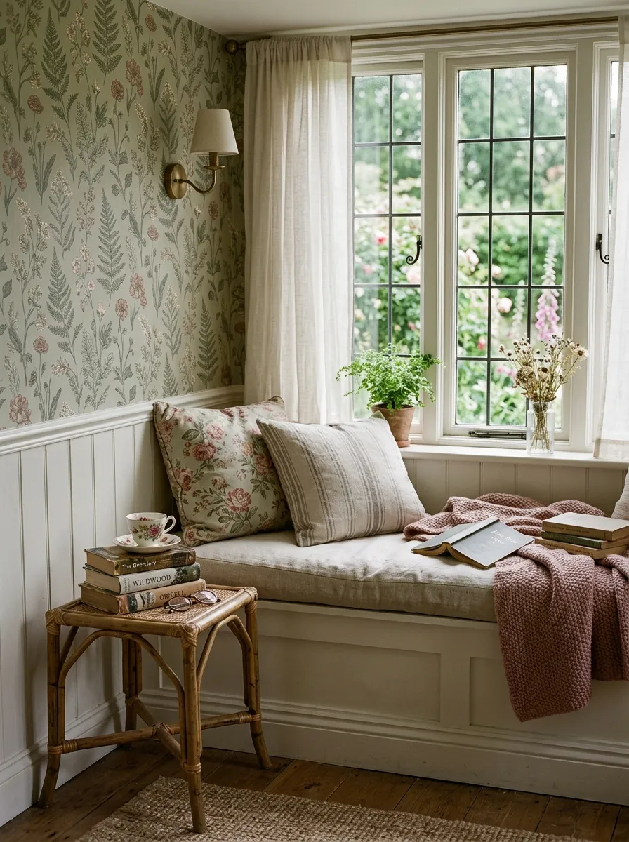 21 Earthy Cottage Decorating Ideas That Transform Your Home Into a Calm and Cozy Retreat 5 Muted botanical wallpaper with linen window seat cushions in a charming earthy cottage reading nook