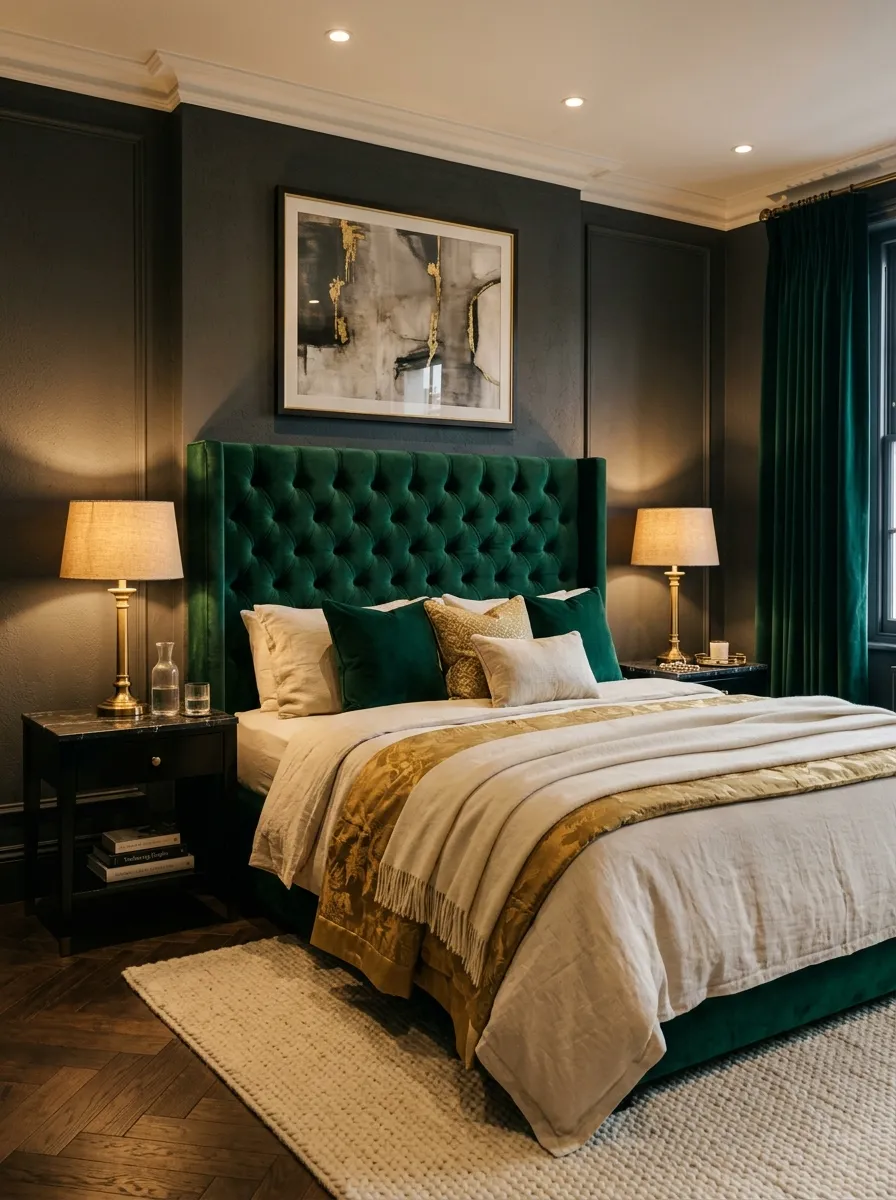 Luxurious boutique style bedroom ideas with emerald velvet headboard, brass lamps, and marble nightstands in a dramatic jewel-toned room
