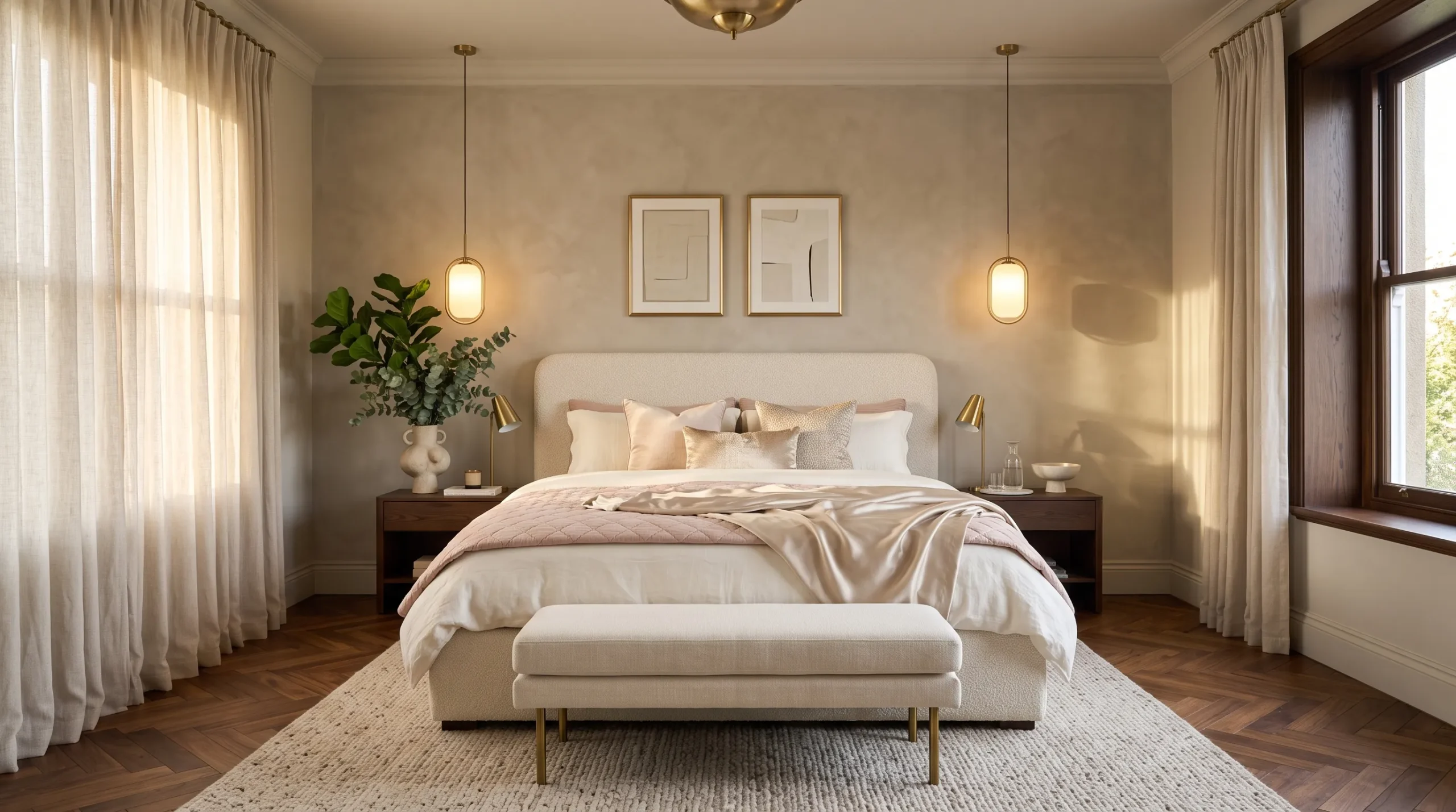 A beautifully styled boutique style bedroom ideas inspiration with ivory boucle bedding, brass lighting, and warm limewash walls