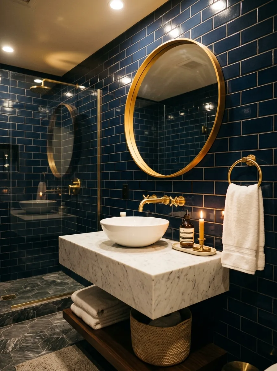 22 Dark Moody Bathroom Ideas for a Bold, Dramatic, and Surprisingly Cozy Modern Space 2 Deep navy subway tile bathroom with brushed brass fixtures and marble vanity in a moody bathroom ideas setting.