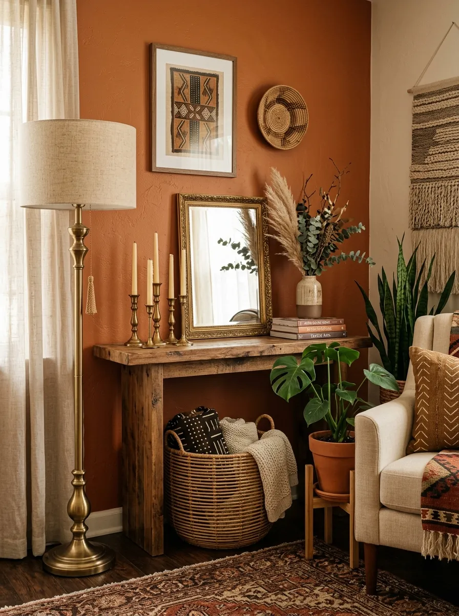 23 Afro Boho Living Room Ideas That Feel Warm, Authentic, Stylish, and Truly Lived In 9 Brass floor lamp, gold mirror, and rattan basket in a warm and refined African Boho living room corner