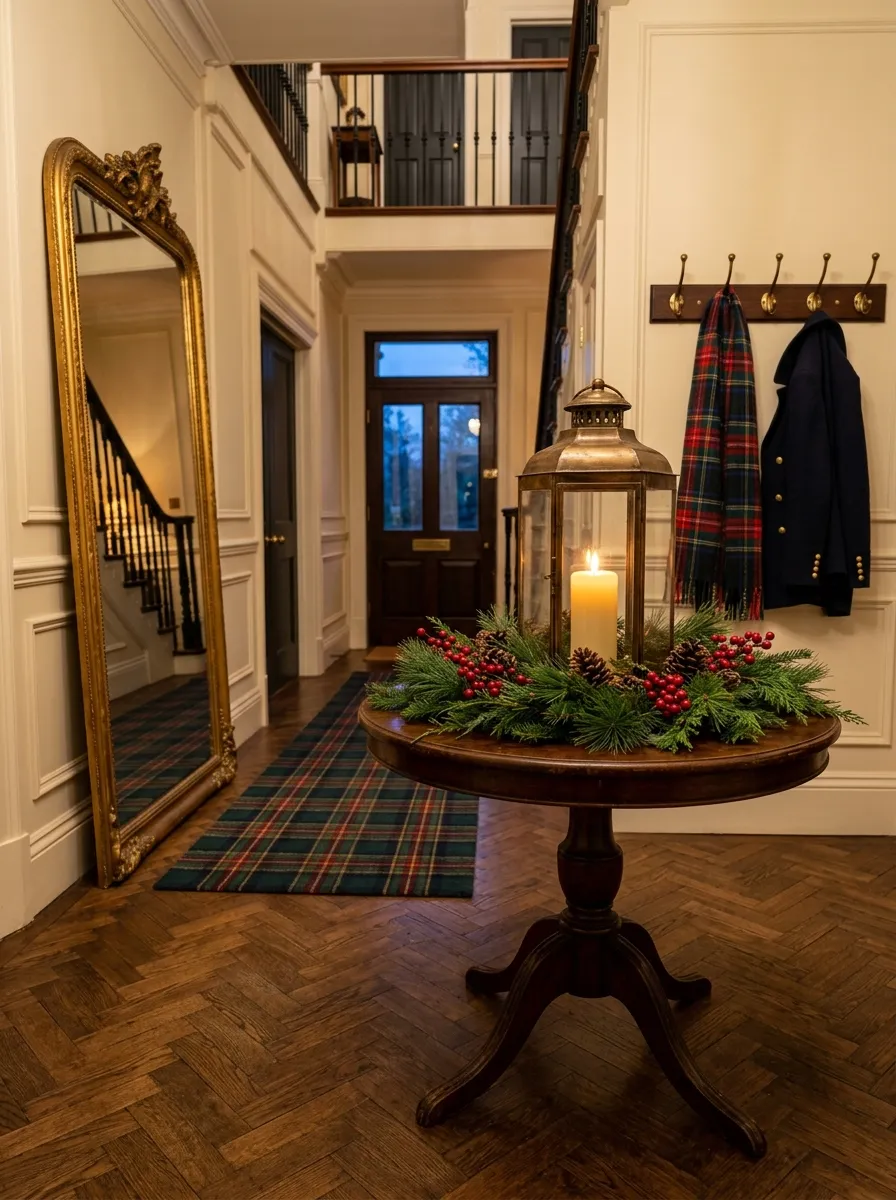 Classic entry hall with brass lantern, pine clippings, and plaid runner for timeless Christmas home styling at the front door