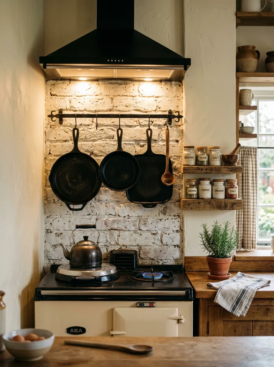 17 Farmhouse Cottage Kitchen Ideas to Master the New Timeless and Cozy Design Aesthetic 10 Whitewashed brick backsplash behind a cream range in a farmhouse cottage kitchen with cast iron pans
