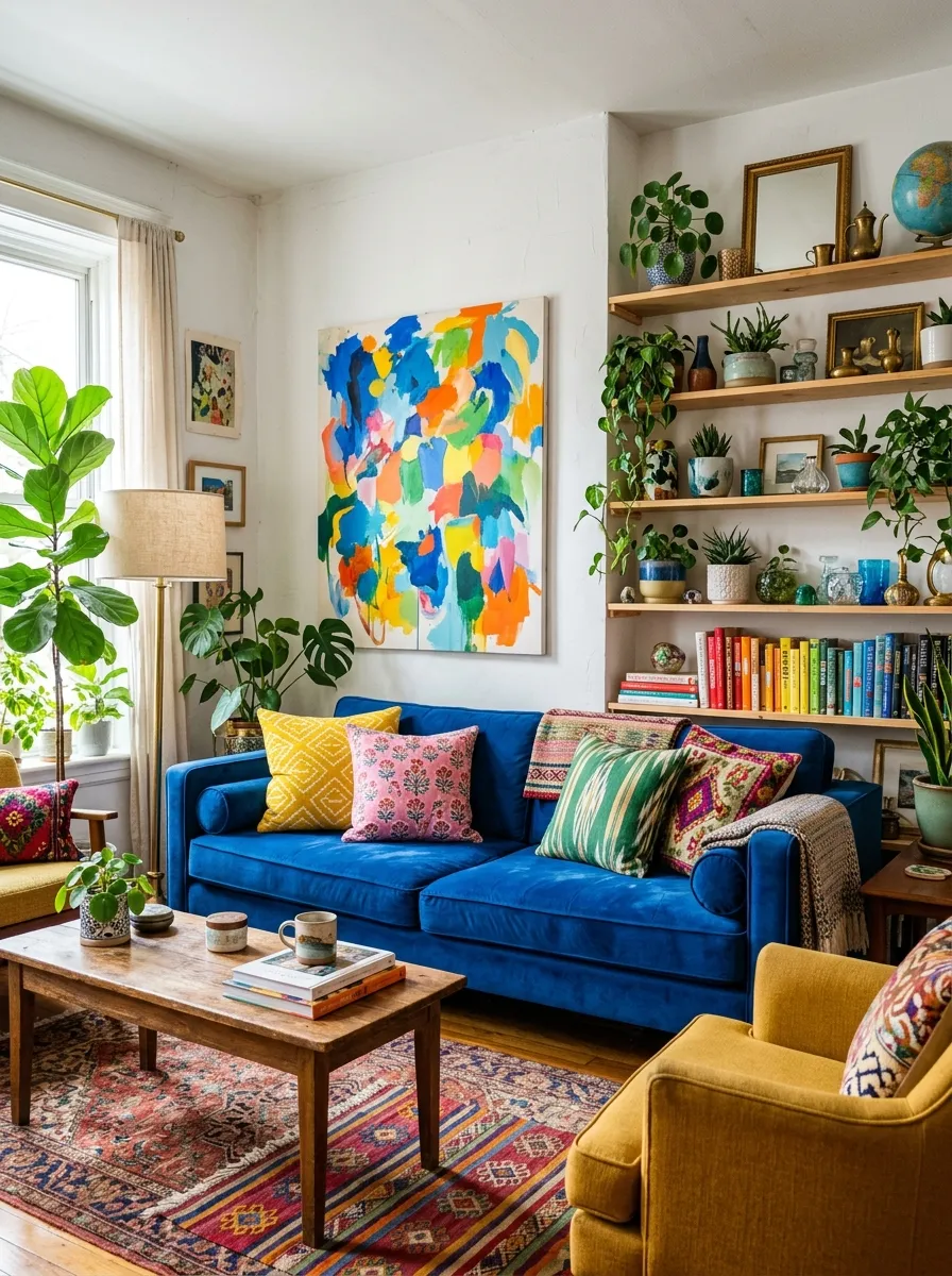 Bright cobalt blue sofa with mismatched patterned pillows and vintage rugs in an eclectic living room