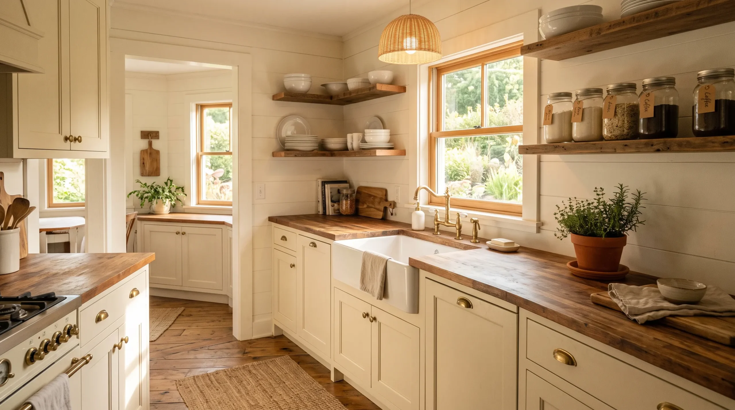24 Cottage Kitchen Ideas That Bring Timeless Charm, Warmth, and Everyday Functionality 4 Bright Cottage Kitchen with cream cabinets, open shelving, farmhouse sink, and morning sunlight streaming through window