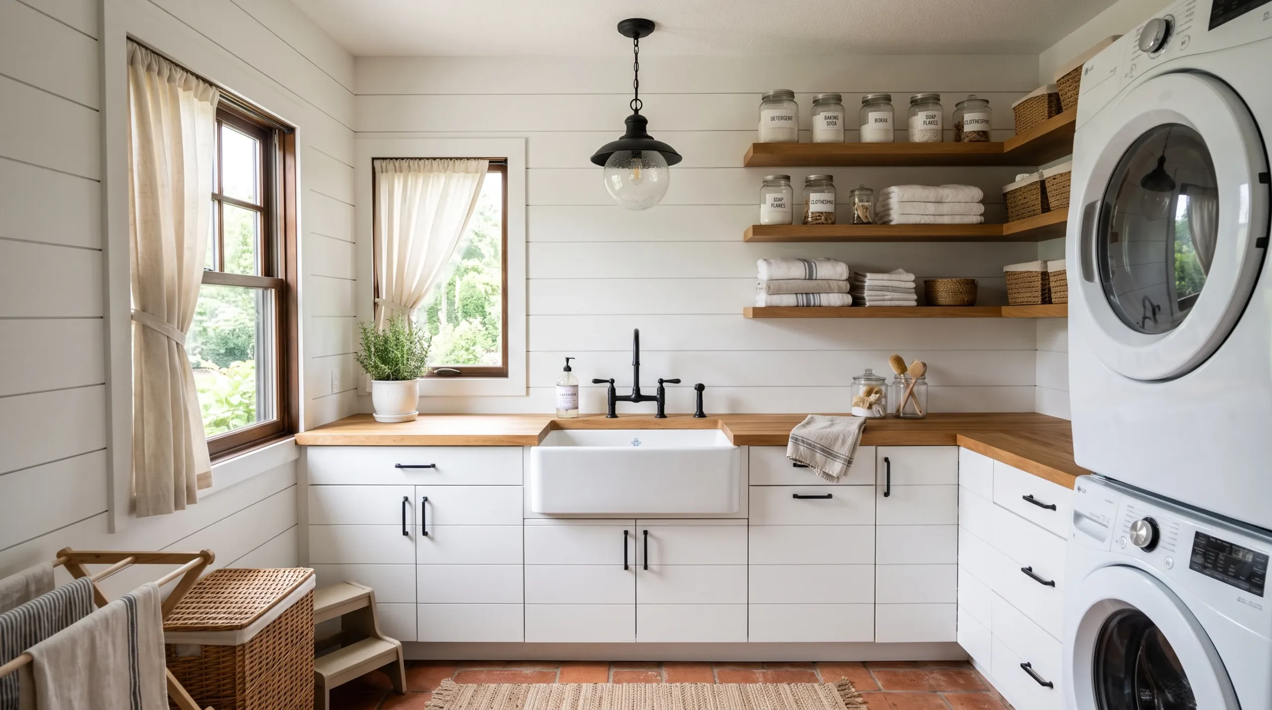16 Farmhouse Laundry Room Ideas That Make Everyday Chores Feel More Organized and Enjoyable 3 Bright and organized Farmhouse Laundry Room with white shiplap walls, apron sink, wood shelving, and warm natural light