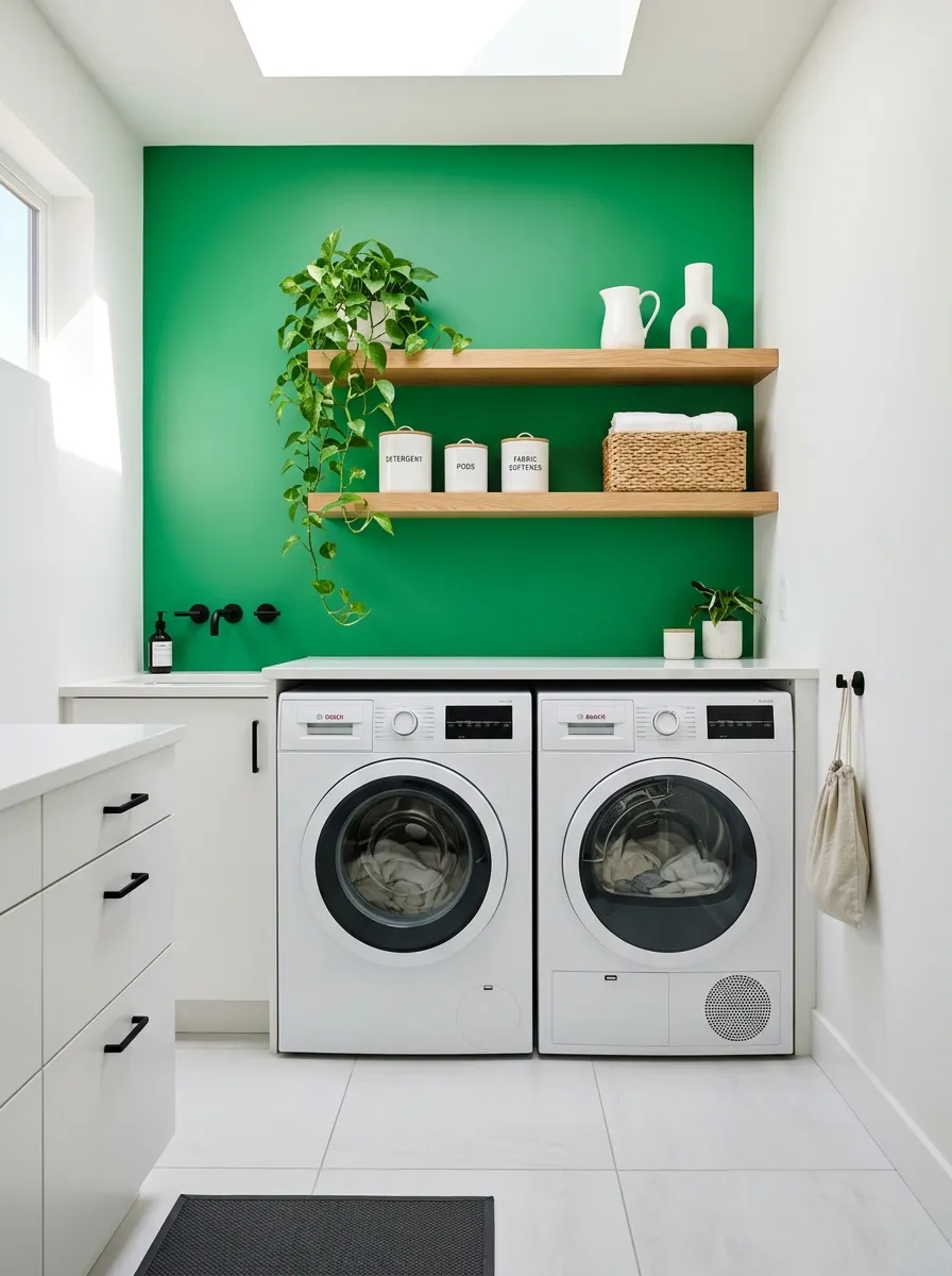 18 Green Laundry Room Ideas That Prove This Color Is More Than Just a Passing Design Trend 17 Bright green accent wall in a white laundry room with matte black hardware, natural oak floating shelves, white appliances, and trailing plant
