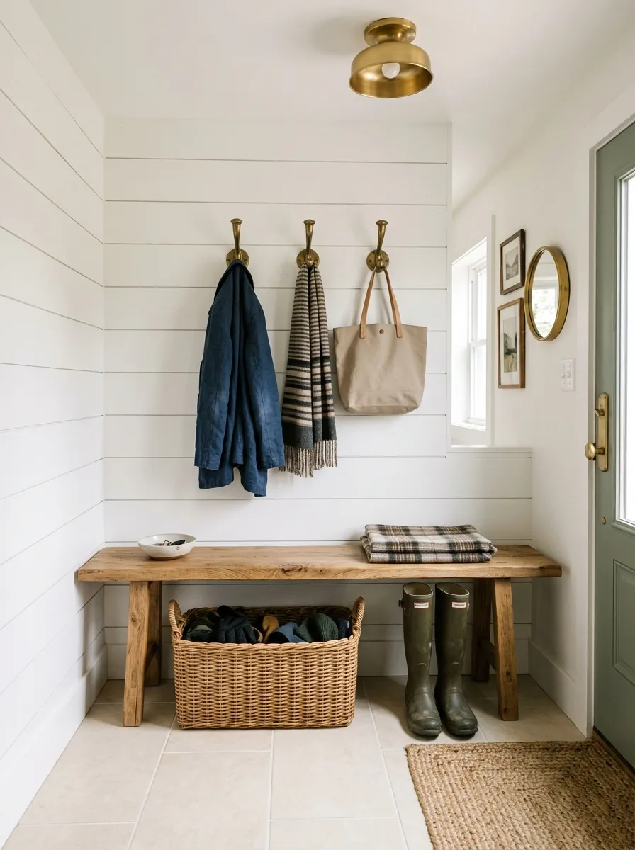 White shiplap mudroom entry zone with wood bench, brass hooks, wicker basket, and warm overhead lighting