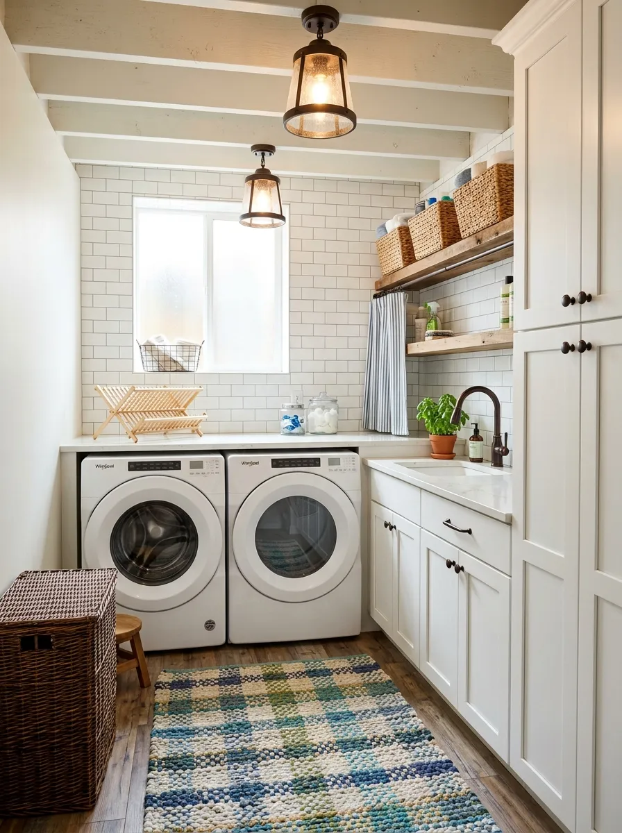 16 Basement Laundry Room Ideas That Use Smart Design Principles to Make Every Inch Work Better 13 Farmhouse basement laundry room with white shaker cabinets, subway tile backsplash, quartz counter, rag rug, and warm pendant lighting