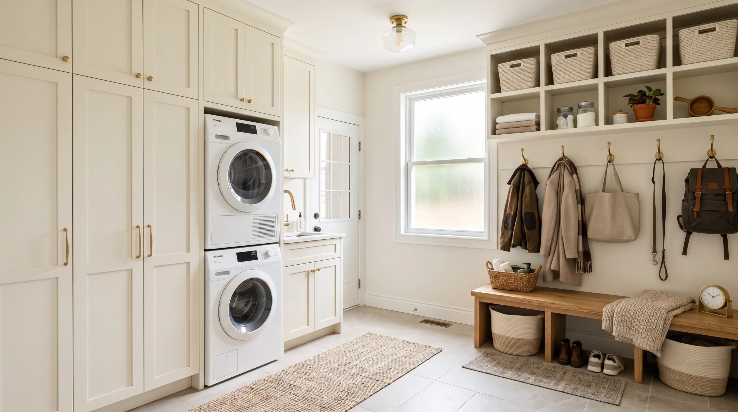 20 Mudroom Laundry Room Ideas That Quietly Solve Everyday Clutter and Home Organization Problems 3 Bright white shaker cabinet mudroom laundry room with oak bench, brass hooks, and woven baskets in warm morning light