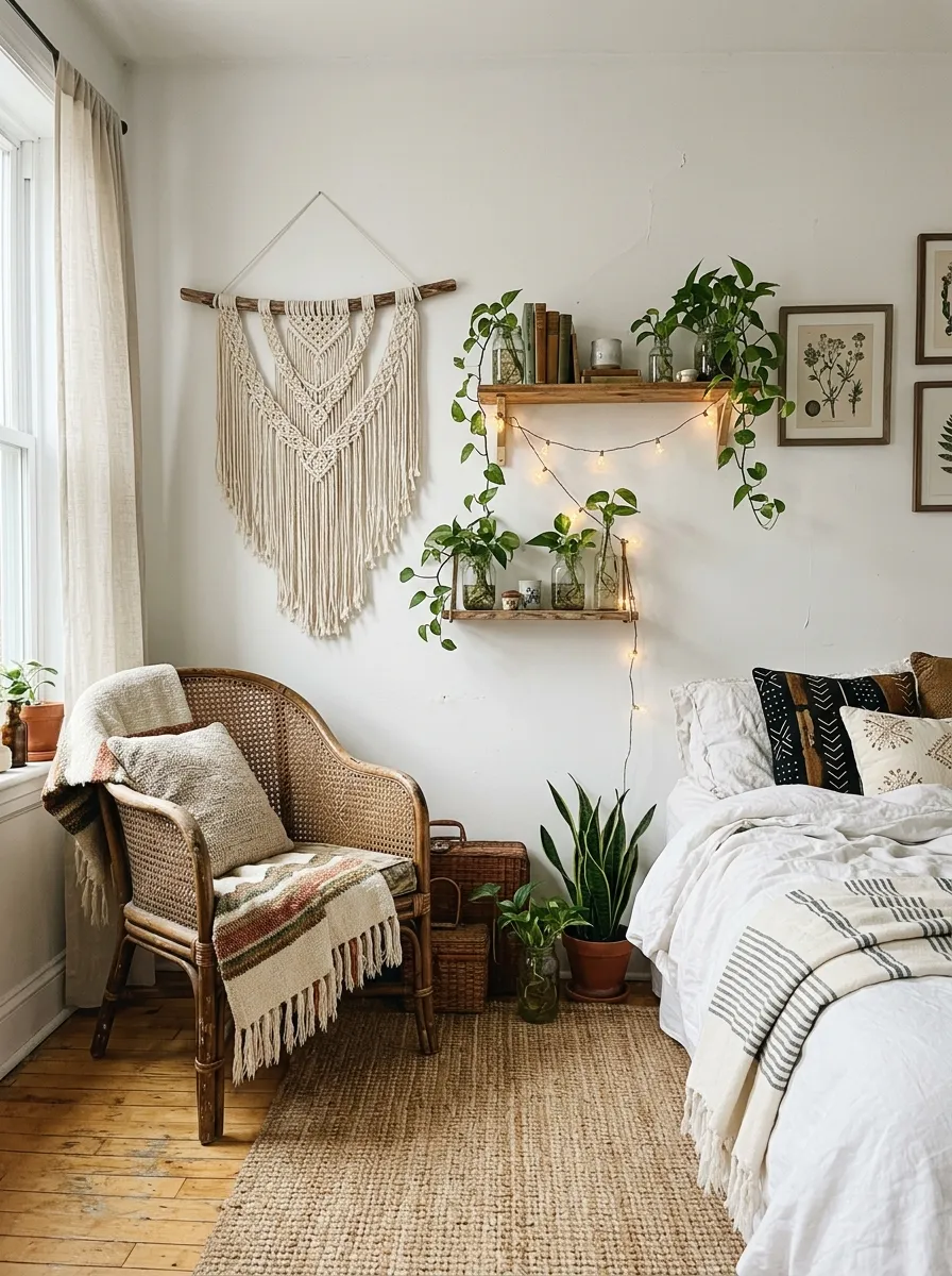 23 Curated Boho Bedroom Ideas for a Cozy, Inviting, and Effortlessly Stylish Retreat 23 Thrifted rattan chair, DIY macramé, jute rug, and pothos in glass jars creating a budget Boho bedroom on white walls