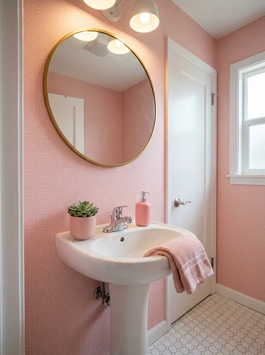 Budget pink bathroom makeover with removable wallpaper, gold mirror, and pink accessories affordable pink bathroom ideas