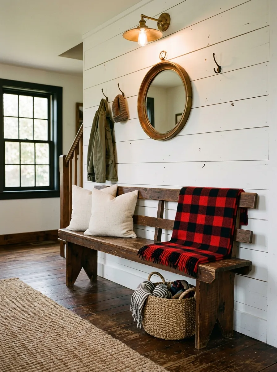 Buffalo plaid red and black blanket draped on farmhouse entryway bench with cream pillows and woven basket on shiplap wall