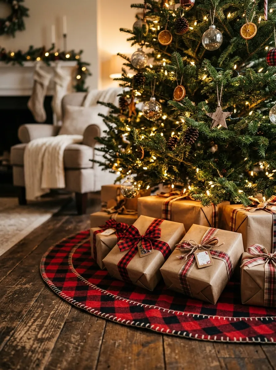 Red buffalo plaid Christmas tree skirt under a decorated tree as a timeless tartan Christmas decorating accent