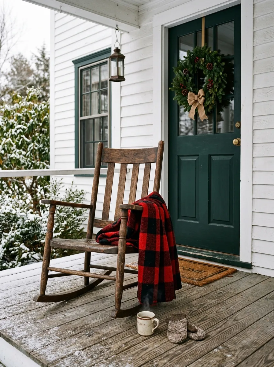 19 Winter Porch Decorating Ideas That Instantly Boost Cozy Curb Appeal All Season Long 4 Red buffalo plaid throw blanket draped on a porch rocking chair as part of cozy winter porch ideas for seasonal charm