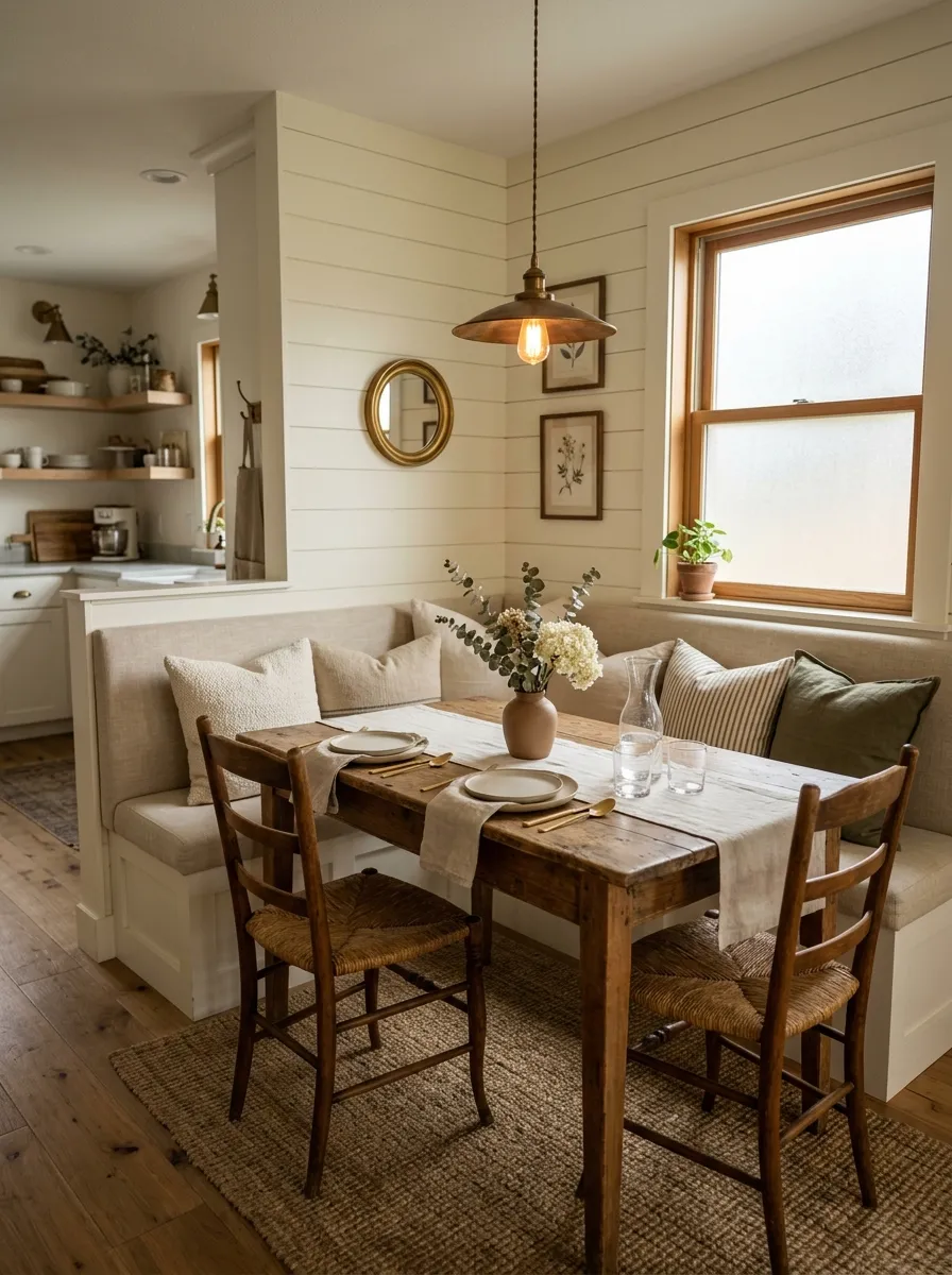 Modern farmhouse dining room nook with built in linen bench, reclaimed wood table, wooden chairs, and shiplap accent wall