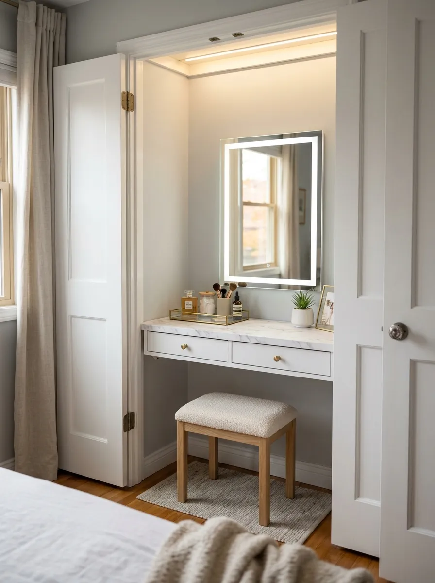 19 Small Bedroom Vanity Ideas to Create an Instagram Worthy Beauty Space With Style 11 Built in closet vanity corner with LED mirror and drawer storage in a small organized bedroom nook