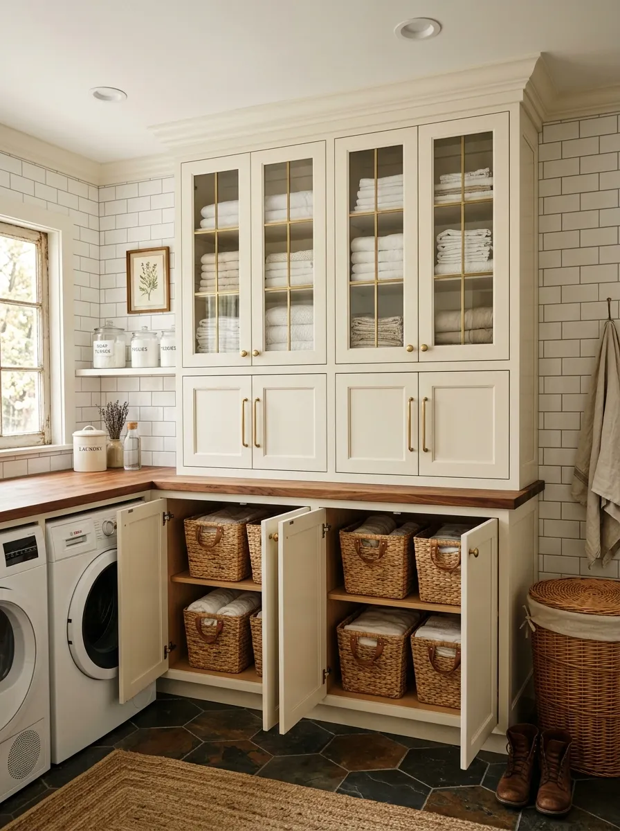 Cream built in cabinetry with wicker baskets and glass front upper cabinets in an organized Farmhouse Laundry Room