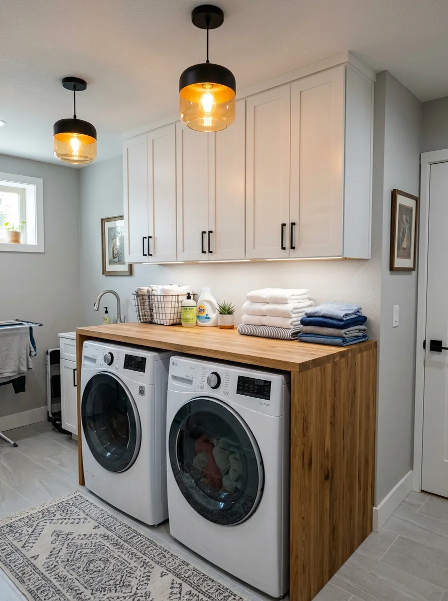 16 Basement Laundry Room Ideas That Use Smart Design Principles to Make Every Inch Work Better 3 Basement laundry room with butcher block folding counter spanning washer and dryer and white shaker upper cabinets