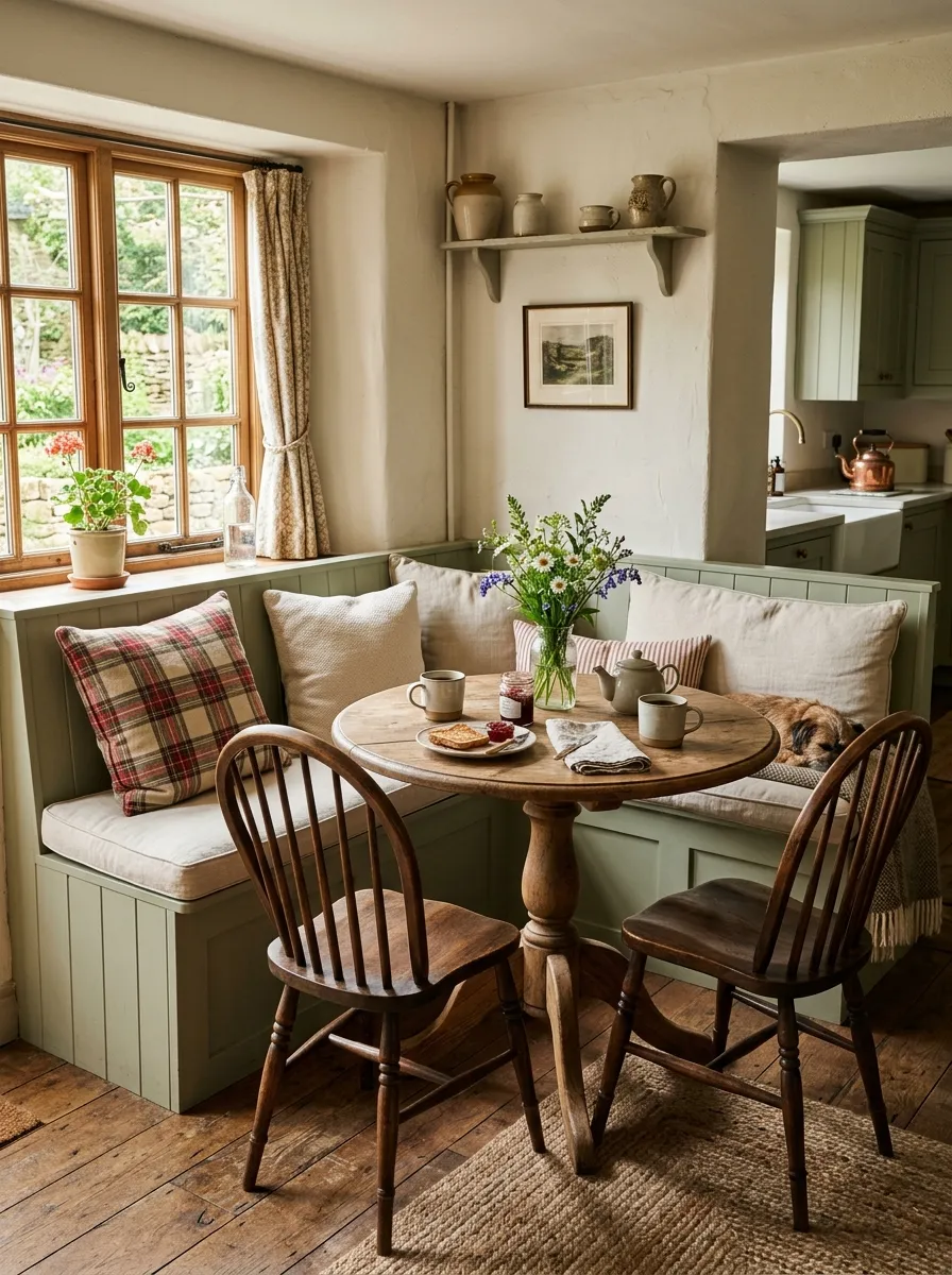 Sage green built in banquette with cream cushions and Windsor chairs around wood table in a cozy cottage kitchen nook