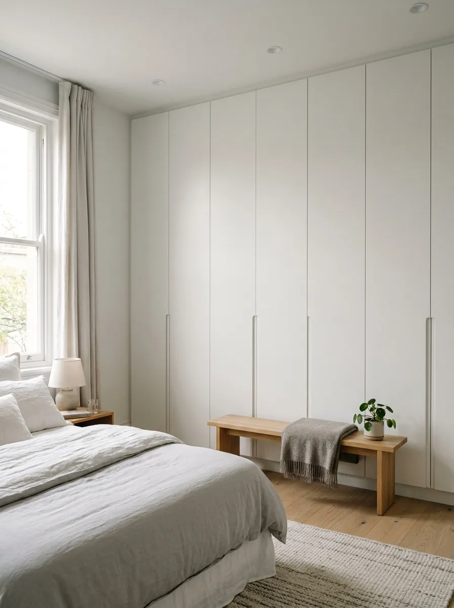 Full wall built in wardrobe with flat white doors in a clean and simple bedroom design ideas space
