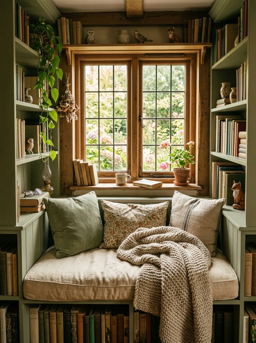 21 Earthy Cottage Decorating Ideas That Transform Your Home Into a Calm and Cozy Retreat 15 Window seat reading nook with linen cushion and sage green built in bookshelves in a cozy cottage corner