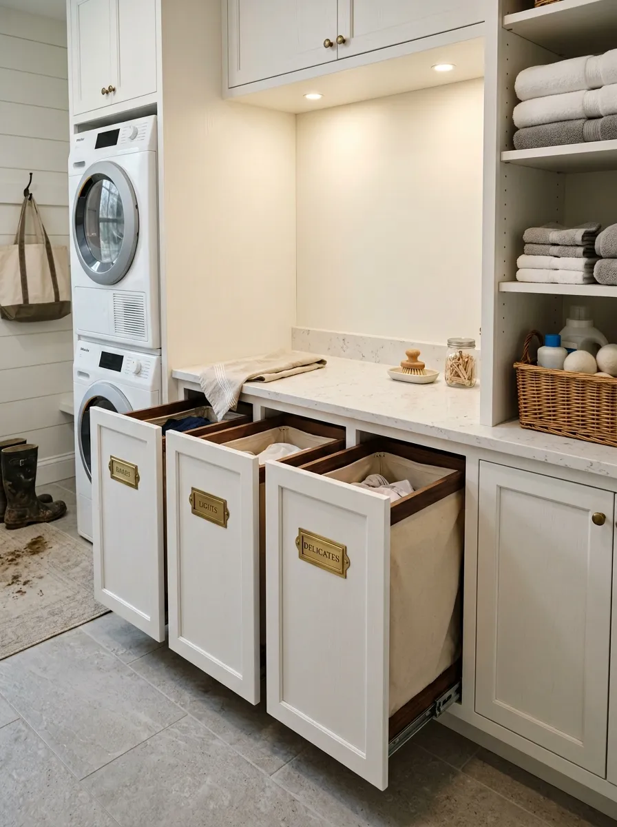 White built in laundry sorting station with three pull out hamper drawers labeled darks lights and delicate in mudroom laundry room