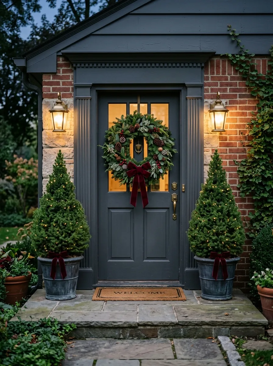 Large evergreen Christmas wreath with burgundy velvet bow on a charcoal front door with matching topiary accents