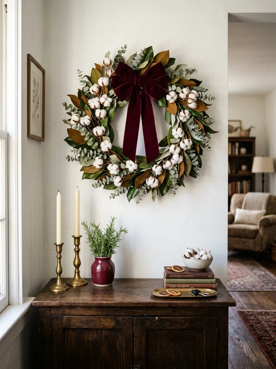 Interior wall wreath with burgundy velvet bow above a console table with ivory candles for elegant Christmas decorating