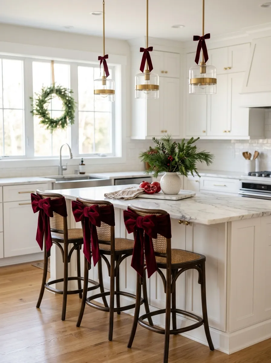 Modern white kitchen with burgundy velvet bows on bar stools and pendant lights for festive Christmas styling