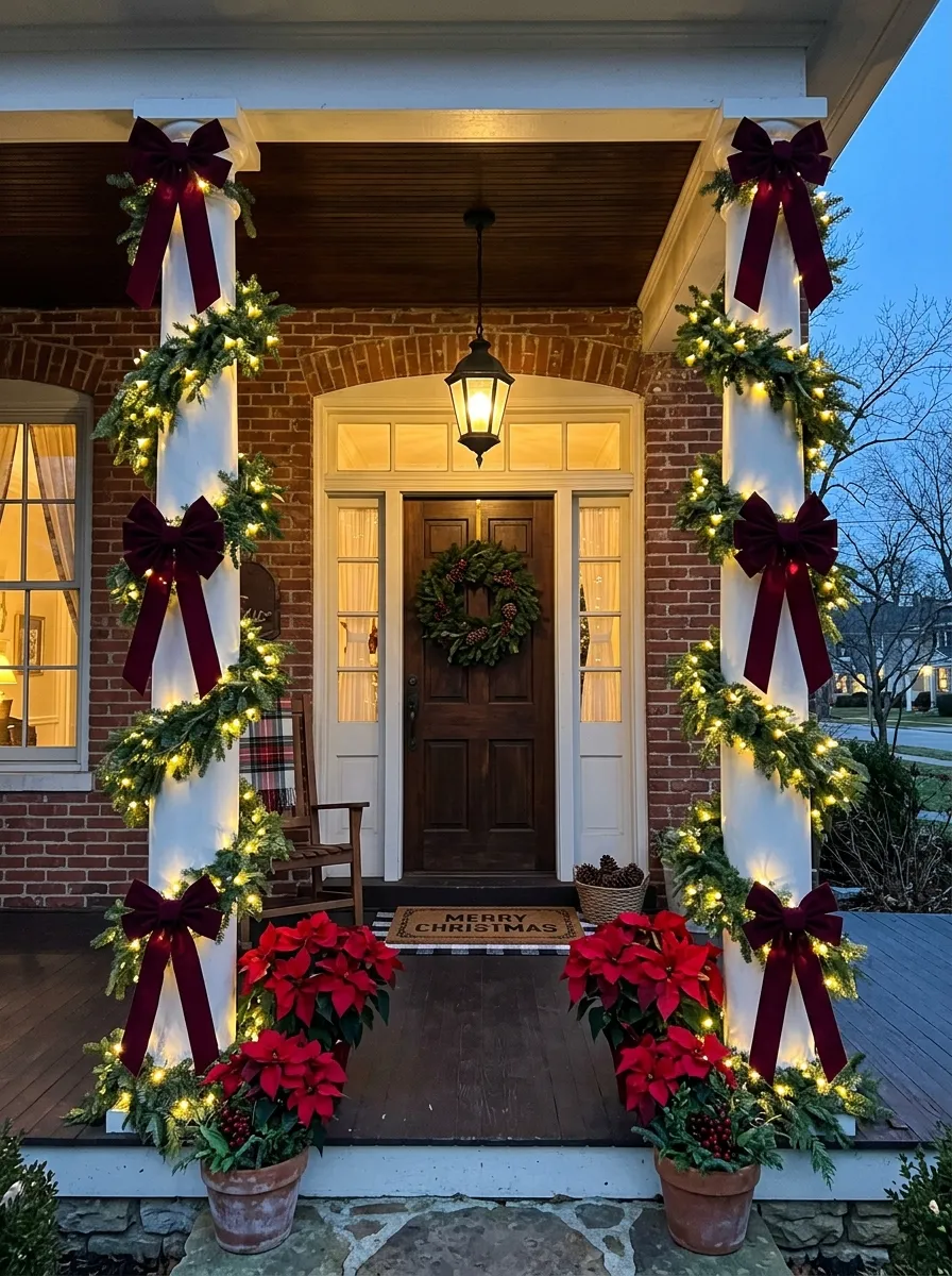 Brick home porch columns wrapped in evergreen garland with burgundy velvet bows and fairy lights for Christmas curb appeal