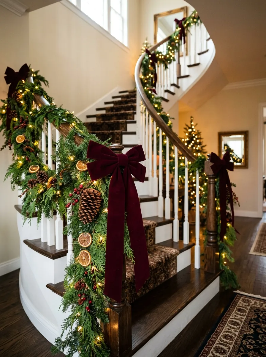 Staircase wrapped in evergreen garland with large burgundy velvet bows and warm fairy lights for festive holiday decor